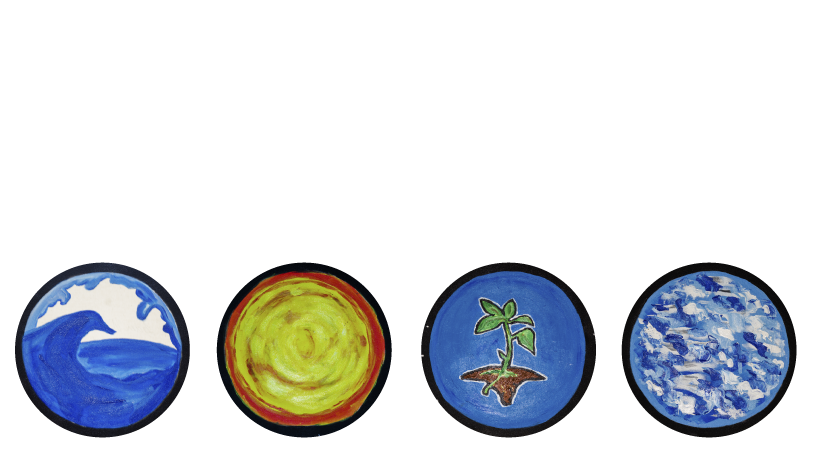 Os cinco elementos que compõe a marca All4life: fogo, terra, água, ar e éter.